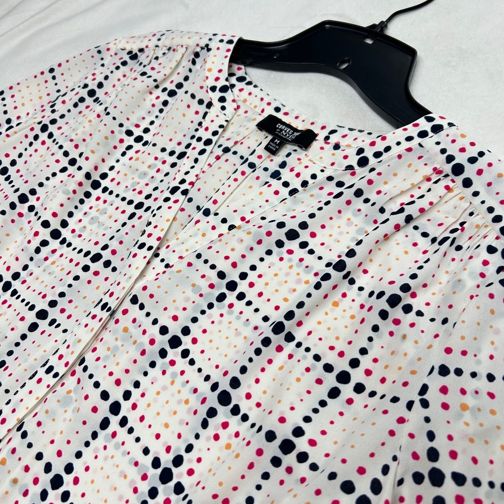Curves 360 by NYDJ Women Multicolor Polka Dot Grid Split V-Neck Blouse M